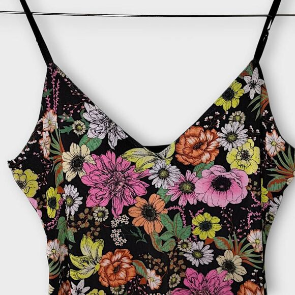 AFRM Dress Sz Large Midi Strappy V Neck Black Stretch Mesh Floral Print Bodycon - Picture 3 of 6